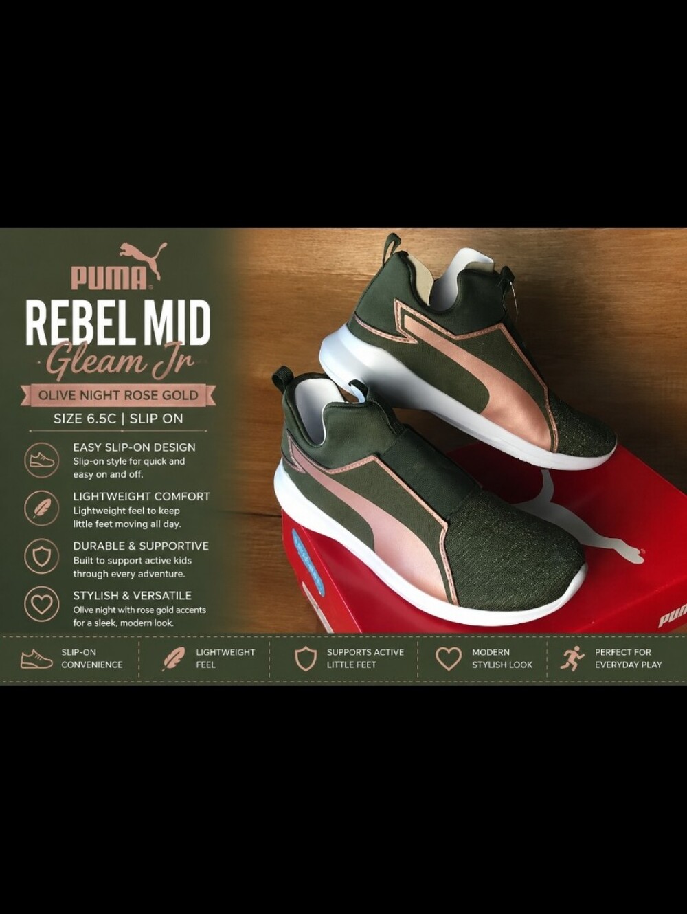 PUMA Rebel Mid Gleam Jr Olive Night Rose Gold 6.5C Slip On